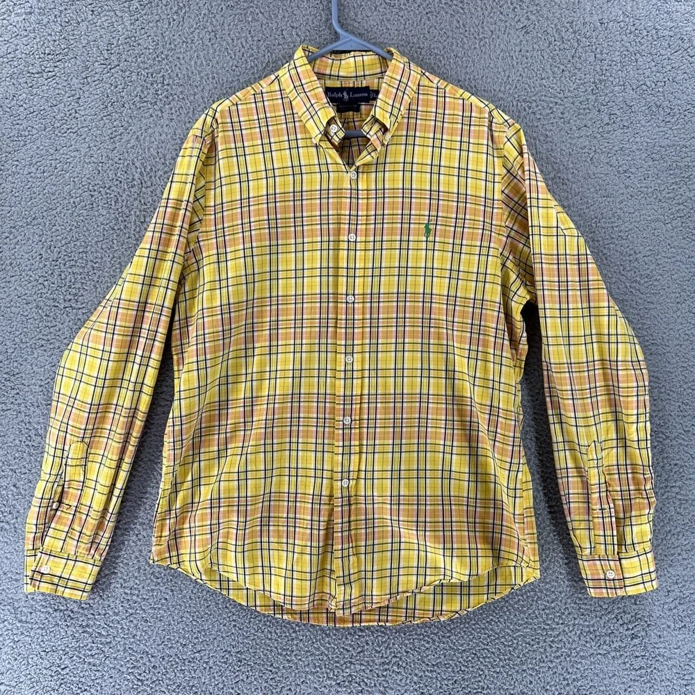 Polo Ralph Lauren Mens Yellow Plaid Custom Fit Button Down Shirt Large Cotton